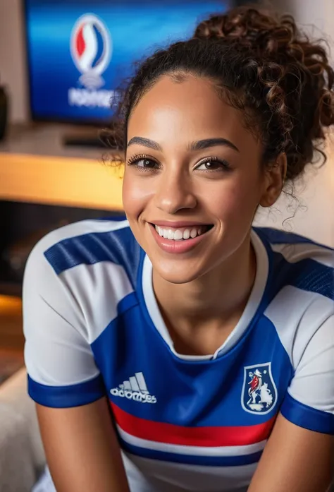 a smiling beautiful biracial woman,detailed facial features,beautiful eyes,full lips,long eyelashes,wearing a france national football team jersey,sitting in living room in front of television,high quality,photorealistic,warm lighting,vibrant colors,detail...