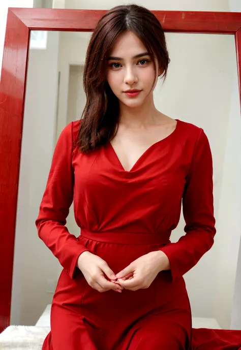 Realistic hand holding photo frame, Inside the photo frame a realistic image of attractive woman in red dress with pose