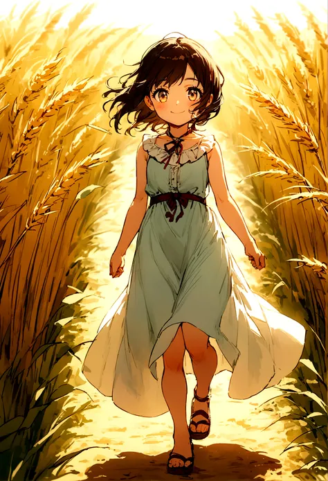 8 year old girl, western clothes、doress、Sleeveless、A smile、Eye Color Contacts、accessorized、full body Esbian、Walking、summer、wheat field 