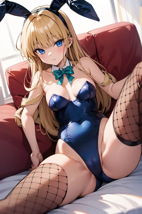 solo, 1girl, tokibunny, playboy bunny, expressionless, closed mouth, long blonde hair, fake animal ears, blue eyes, blue leotard, blue bow,looking viewer,,medium breasts,,fishnet pantyhose,on sofa,open legs