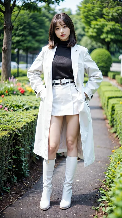 (8K、RAW Photos、Highest quality、masterpiece:1.2)、(Realistic、Realistic)、1 Girl、((White long coat、Black mini skirt、Thin legs、whole body、boots、garden、View from the front、Looking into the camera、belt、Stand with hands on hips))、cute