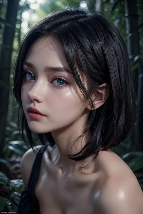 cinematic lighting、perfect、smooth light、high resolution skin:1.2、textura de pele realista、24 year old mature woman、Small face、no-makeup、Bust b Cup、、beautiful detailed dark blue eyes、shorth hair、dark black hair、cool beauty、night forest background