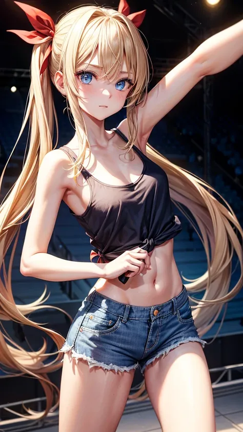 Full portrait, very slender. Long, blonde hair. She has blue eyes. pigtails tied with a red ribbon, tank top with blue jeans shorts at a concert. taking a selfie.  portrait.