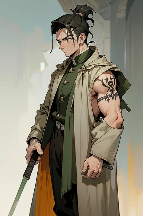 1male, dark green hair, scruffed face, slick back hair, (old medieval clothing), sleeveless clothing, giant white overcoat, tatt...