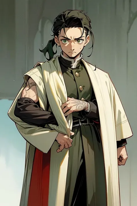 1male, dark green hair, scruffed face, slick back hair, (old medieval clothing), sleeveless clothing, giant white overcoat, tattoos, (guild hall background), detailed background, standing on path, demon slayer outfit, male, muscular,