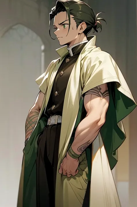 1male, dark green hair, scruffed face, slick back hair, (old medieval clothing), sleeveless clothing, giant white overcoat, tattoos, (guild hall background), detailed background, standing on path, demon slayer outfit, male, muscular,