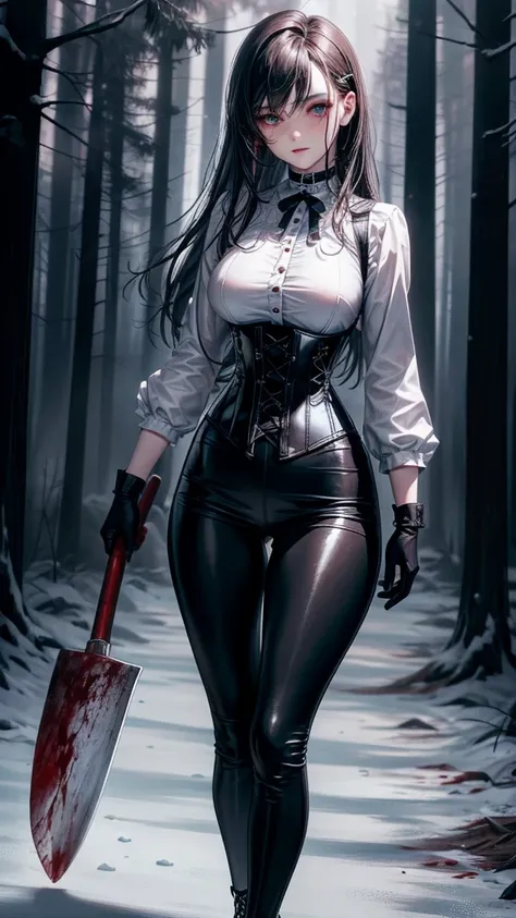 ((blood droplets)), ((blood)), ((blood splatter)), ((blood on clothes)), ((blood stain)), Masterpiece, Beautiful art, professional artist, 8k, Very detailed face, Detailed clothing, detailed fabric, 1 girl, standing, perfectly drawn body, big breasts, shy ...