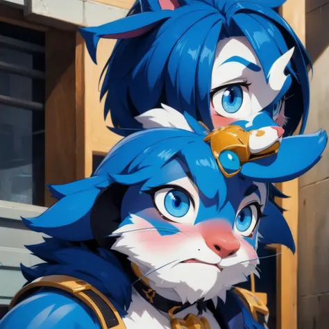 (best quality), (masterpiece), (detailed) adult male furry, blue furry rabbit ears, very short blue hair, detailed blue eyes, distressed expression, blushing