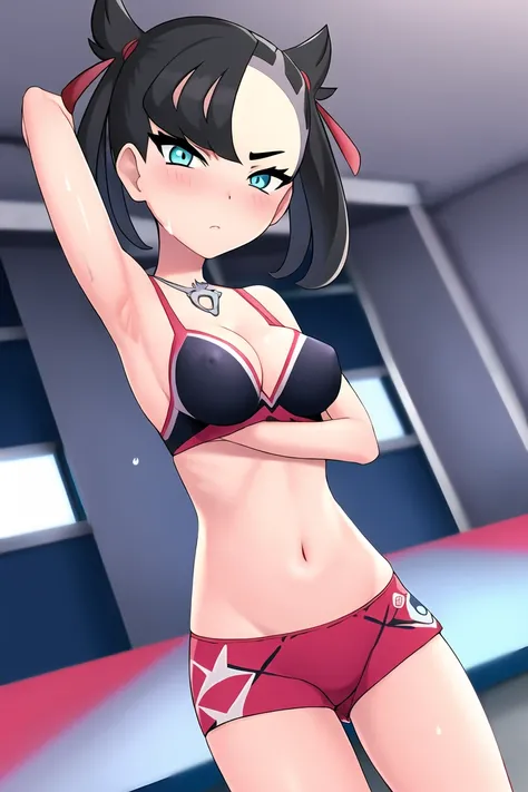 pokemonmarnie, aqua eyes, , black hair, hair ribbon, long hair, red ribbon, ribbon, twintails, room, breasts, cleavage, blush, highres, navel, armpits, sweaty armpits, looking at viewer, angry, undressing, breasts out, bouncing breasts, nipples, hands on o...