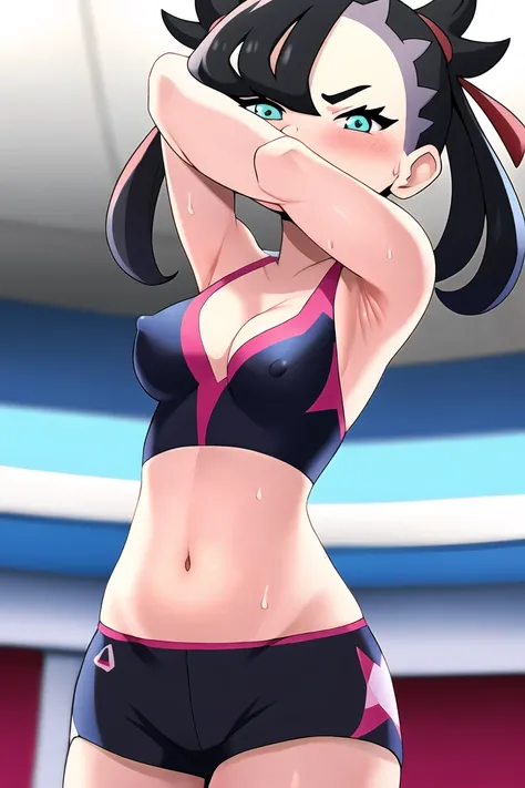 pokemonmarnie, aqua eyes, , black hair, hair ribbon, long hair, red ribbon, ribbon, twintails, room, breasts, cleavage, blush, highres, navel, armpits, sweaty armpits, looking at viewer, angry, undressing, breasts out, bouncing breasts, nipples, hands on o...