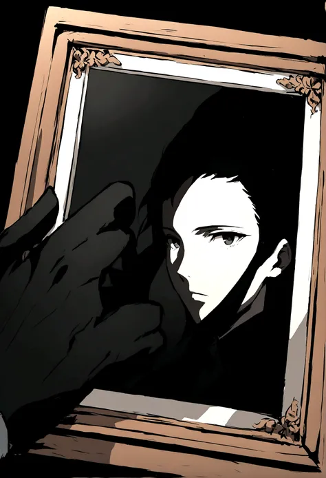 Anime style hand holding empty photo frame, the background of the image is completely black