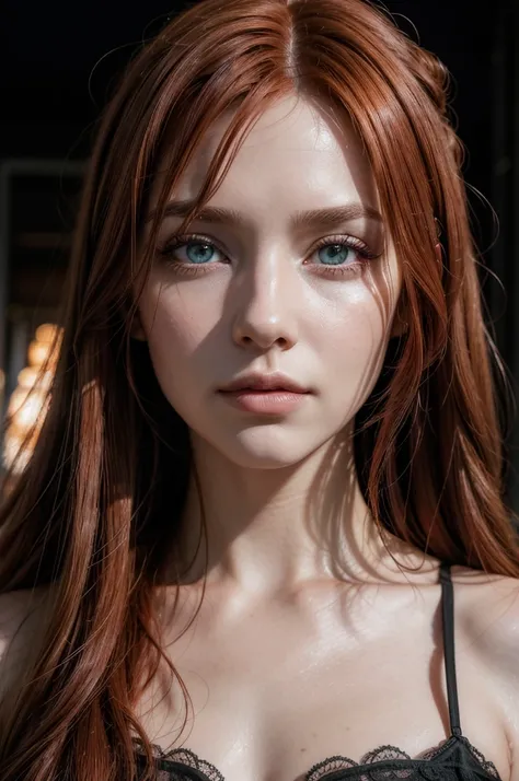 A photorealistic portrait of a 31 year old woman with long, red hair and striking light eyes. She should have a confident nature, expression. The background should be a professional backdrop, preferably dark., cinematic lighting, Nikon, best quality, highr...