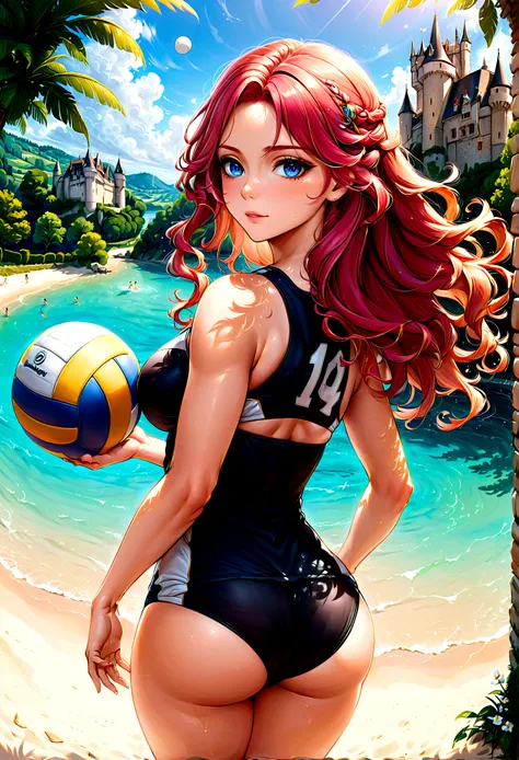 a masterful picture of a woman ((playing volleyball: 1.3)) on an on coast of the Loir river, an extraordinary beautiful renaissance woman, long hair, wavy hair, dynamic hair color, dynamic eye color, playing volley ball in a beautiful beach on the Loir riv...