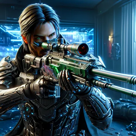 Upper body photograph of (JohnnyCyber:1.2) aiming his silver-cyberpunk sniper rifle, cyberpunk clothes with samurai design prints, (face of Keanu Reeves:1.2), (robotic-left-arm:1.3), brown pilot sunglasses, detailed face and skin, (cyberpunk-hotel-room:1.2...