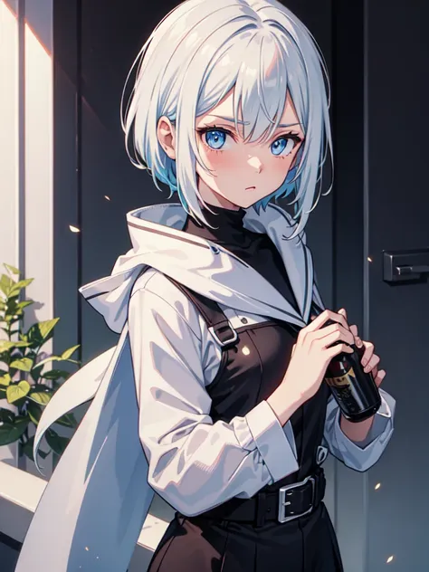 1 girl, white hair, sharp eyes, light blue eyes, bow, serious look, masterpiece, high quality, short hair, whit combat clothes