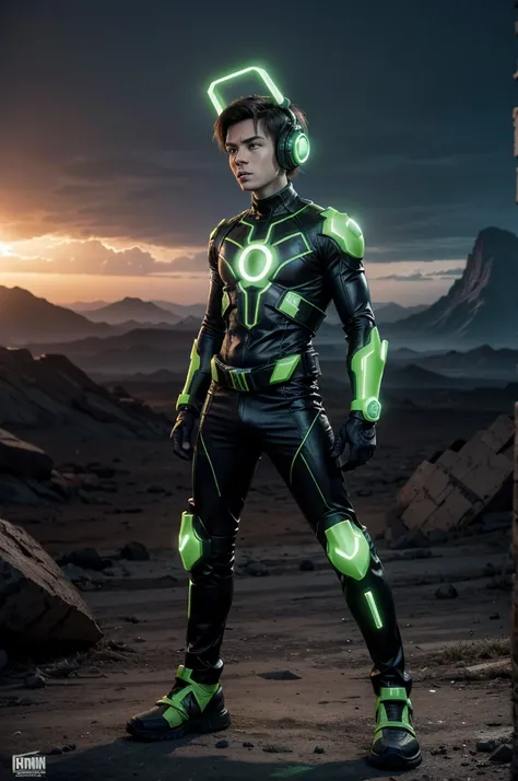 Imagine an ultra-realistic scene featuring Ben 10 in a futuristic, apocalyptic setting. Ben 10, recognizable by his signature Omnitrix, is standing on a desolate, alien planet. The environment is characterized by a barren landscape with crumbling structure...