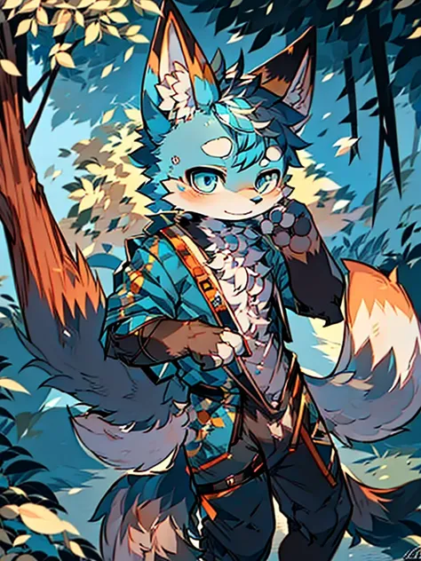 Anime style fox with blue eyes and black tail, Фолсен Art, Very high quality, Furry Art, очень милый Furry Art, blue furry, anime style, маленький blue furry, against the backdrop of falling leaves in autumn in a park without people