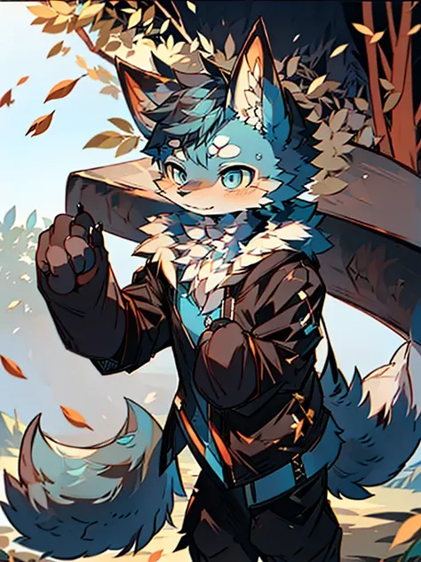 Anime style fox with blue eyes and black tail, Фолсен Art, Very high quality, Furry Art, очень милый Furry Art, blue furry, anime style, маленький blue furry, against the backdrop of falling leaves in autumn in a park without people