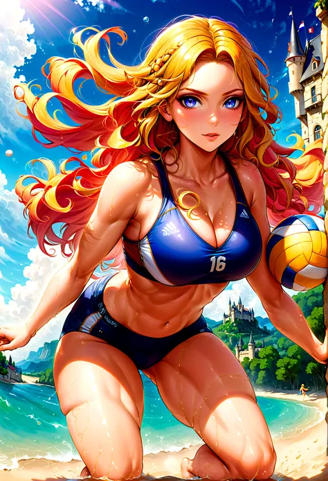 a masterful picture of a woman ((playing volleyball: 1.3)) on an on coast of the Loir river, an extraordinary beautiful renaissance woman, long hair, wavy hair, dynamic hair color, dynamic eye color, playing volley ball in a beautiful beach on the Loir riv...