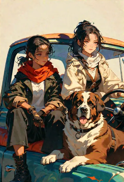 style 9, a woman with straight black hair tied in a ponytail 1, black eyes, tanned complexion, wearing old post-apocalyptic clothing, scarf, gloves, goggles, hood, sitting in an old car. Next to a Saint Bernard dog