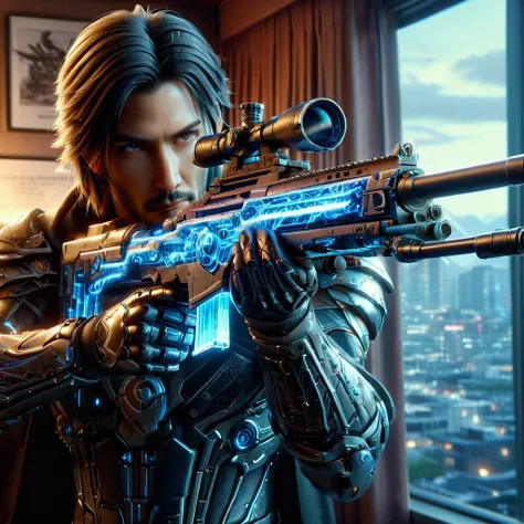 Upper body photograph of (JohnnyCyber:1.2) aiming his silver-cyberpunk sniper rifle, cyberpunk clothes with samurai design prints, (face of Keanu Reeves:1.2), (robotic-left-arm:1.3), brown pilot sunglasses, detailed face and skin, (cyberpunk-hotel-room:1.2...