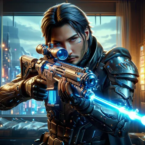 Upper body photograph of (JohnnyCyber:1.2) aiming his silver-cyberpunk sniper rifle, cyberpunk clothes with samurai design prints, (face of Keanu Reeves:1.2), (robotic-left-arm:1.3), brown pilot sunglasses, detailed face and skin, (cyberpunk-hotel-room:1.2...