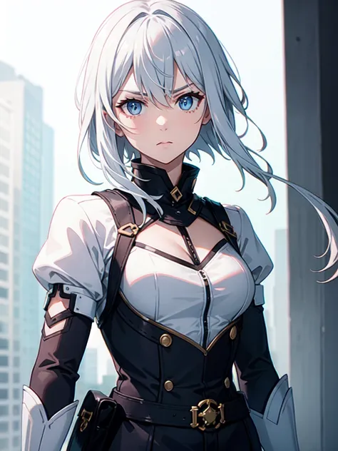 1 girl, white hair, sharp eyes, light blue eyes, bow, serious look, masterpiece, high quality, short hair, white combat uniform