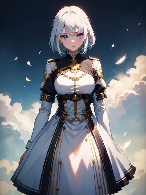 1 girl, white hair, sharp eyes, light blue eyes, bow, serious look, masterpiece, high quality, short hair, white combat uniform 