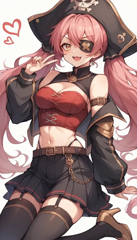 The character is a slender young woman.。She has reddish pink hair、Some of the hair is dyed white.、She has her hair styled in long twin tails.。She has a big pirate hat、Wearing a black jacket。The jacket is decorated with gold、It also has shoulder straps。Her ...