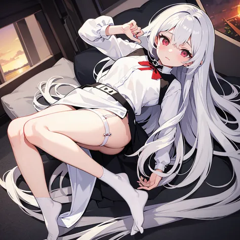 Masterpiece（（tmasterpiece）），White color blouse（（black micro skirt）），（（White transparent stockings）），（No shoes on），adolable，Raised sexy，Sunset，（Long white）Hair，red colour🎀