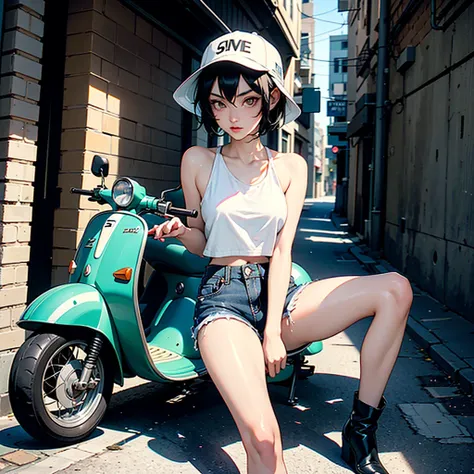 girl similar to gorillaz noodle, black short hair ((drawing)), ((anime girl nose)) ,A very thin girl, with extremely pale skin, wearing a white Bucket Hat. She is dressed in a collarless white crop top, exposing the strap of her black bikini, black tight s...