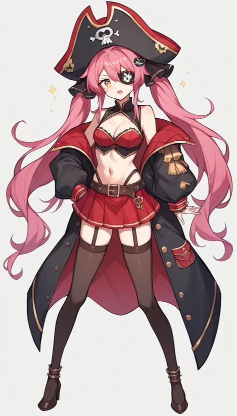 The character is a slender young woman.。She has reddish pink hair、Some of the hair is dyed white.、She has her hair styled in long twin tails.。She has a big pirate hat、Wearing a black jacket。The jacket is decorated with gold、It also has shoulder straps。Her ...