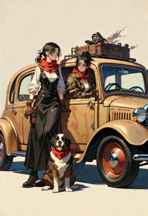 style 9, a woman with straight black hair tied in a ponytail, black eyes, wearing old post-apocalyptic clothing, scarf, gloves, goggles, sitting in an old car. Next to a Saint Bernard dog