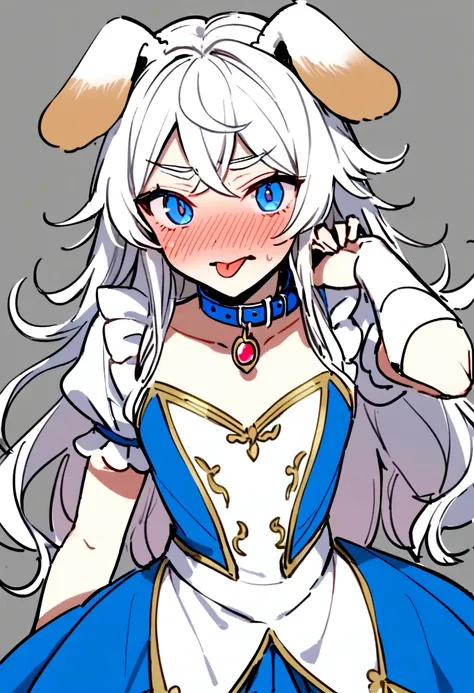 young teenage man, White hair, Blue eyes, crossdressing, Wearing a dog collar, dog ears, stick out tongue, embarrassed, prince dress