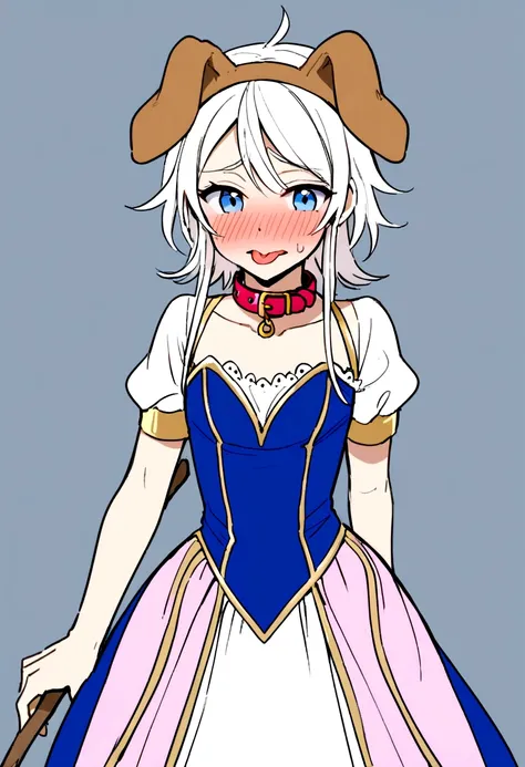 young teenage man, White hair, Blue eyes, crossdressing, Wearing a dog collar, dog ears, stick out tongue, embarrassed, prince dress