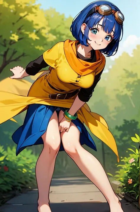 dq10 seraphi, short hair, bob cut, blue hair, blue eyes, goggles, goggles on head, dq10 costume, yellow dress, orange scarf, bla...