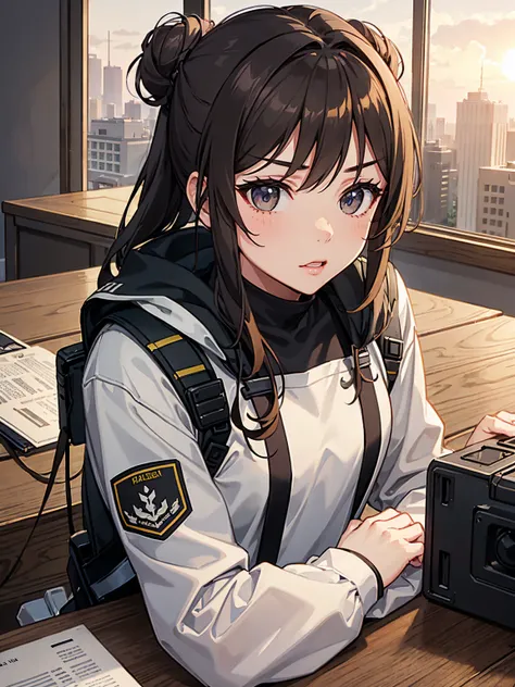 tacticool, military girl, looking off into the sunset, full military girl, large backpack, rifle, chest plate, hanna owo, Perfect face, cimimatic image, movie quality, anime, long hair bun, perfect lips, glossy lips, tight longsleeve shirt, sitting on tabl...