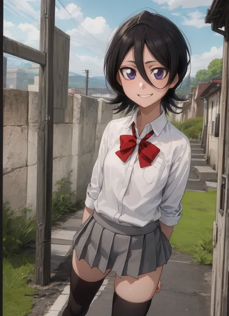 ((best quality)), ((highly detailed)), masterpiece, , (1girl), perspective distortion, cowboy shot, ((wide shot)), rukia, black ...