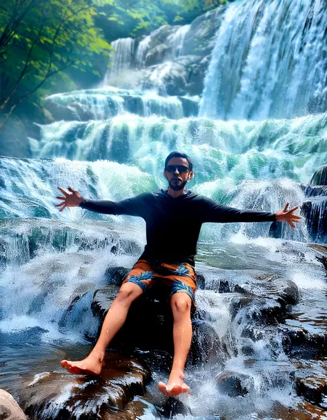 There is a man sitting on a rock in the water, standing at a waterfall, waterfalls in the background, standing in front of a waterfall, playing in waterfalls, next to a waterfall, waterfall in the background, with waterfalls, with waterfalls, standing insi...