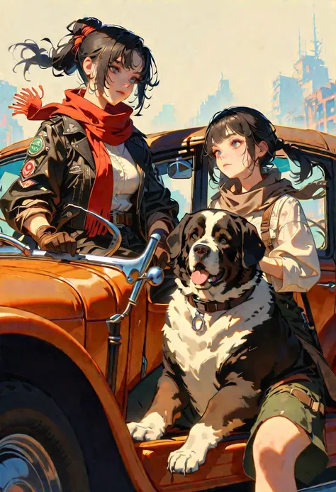 style 9, a woman with straight black hair tied in a ponytail, black eyes, wearing old post-apocalyptic clothing, scarf, gloves, goggles, sitting in an old car. Next to a Saint Bernard dog