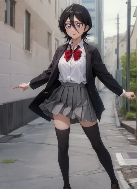 ((best quality)), ((highly detailed)), masterpiece, , (1girl), Perspective distortion, cowboy shot, ((wide shot)), Rukia, black hair, short hair, hair between eyes, purple eyes,  , white collared shirt, red bowtie, grey pleated skirt, socks, shoes, (outsid...