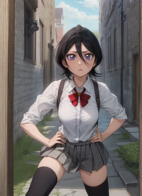 ((best quality)), ((highly detailed)), masterpiece, , (1girl), perspective distortion, cowboy shot, ((wide shot)), rukia, black ...