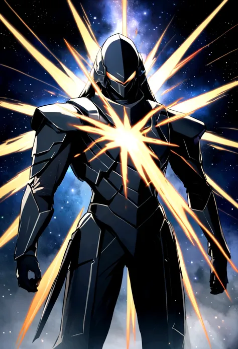 Imagen1: Zarael, the space warrior, standing in front of a background of stars and