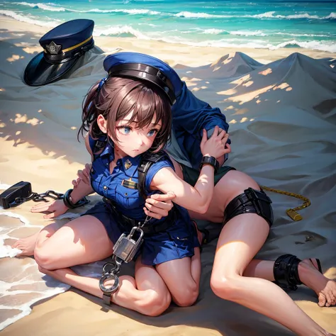 A policewoman handcuffs a girl on the beach