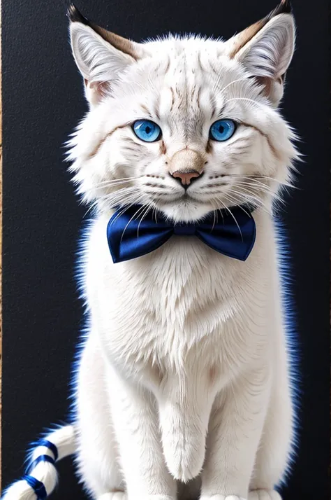 Hand drawn white three tailed cat, large, with blue eyes, with black tassels on the ears, like a lynx, with a black nose and black fluffy mustache