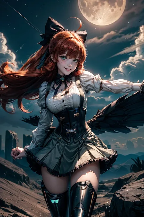 night, moon, stars, cowboy shot, (dynamic pose), smile,  underbust, Penny Polendina, long red hair, neck ribbon, suspender skirt, corset, black bow, white blouse, mechanical legs, neon trim, flying in the sky, blue sky, clouds (volumetric lighting), intric...