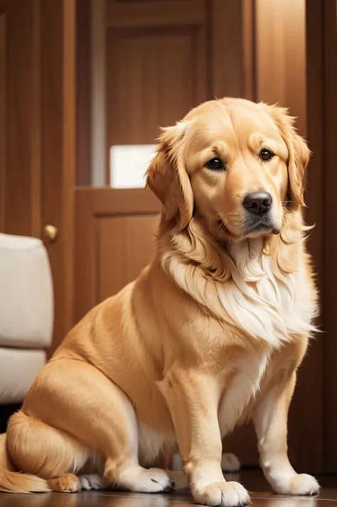 An adorable Golden Retriever sitting with a dignified posture. He has shiny golden fur and a friendly, attentive look.. On the dog&#39;s head, there is a golden crown ornamented with colored precious stones. The surrounding scenery is an elegant room, with...