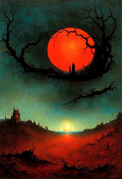 mythical creatures, author：zdzislaw beksiński and vincent van gogh, romantic,landscape、red moon and big eyes