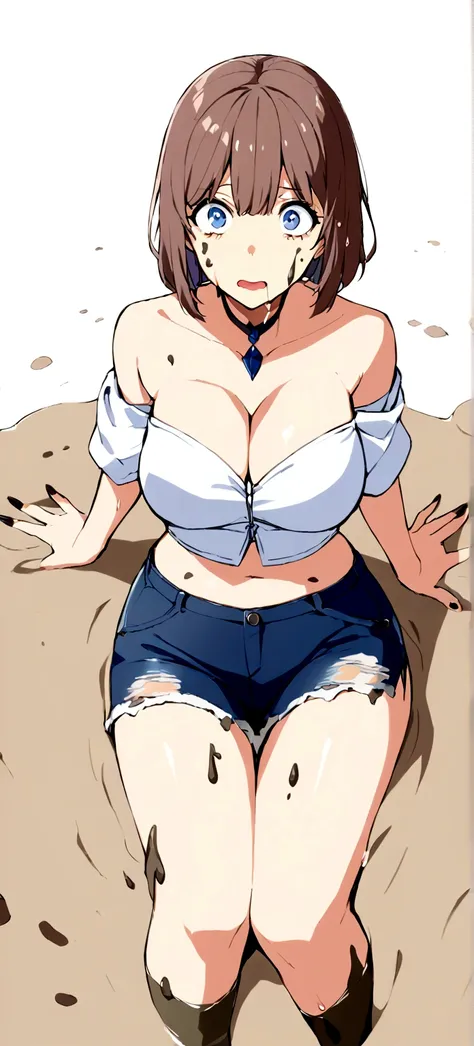 One Girl,Ki○ki○na,Haru○,:○,Features,(detailed_face:1.2),Scared, Partially submerged, mud,Cleavage,Messy