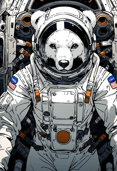 Polar bear in nasa astronaut outfit facing front.